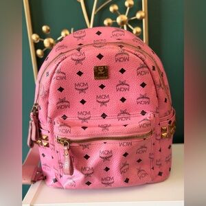 MCM Pink Logo Visetos Mini Backpack Detail Panel